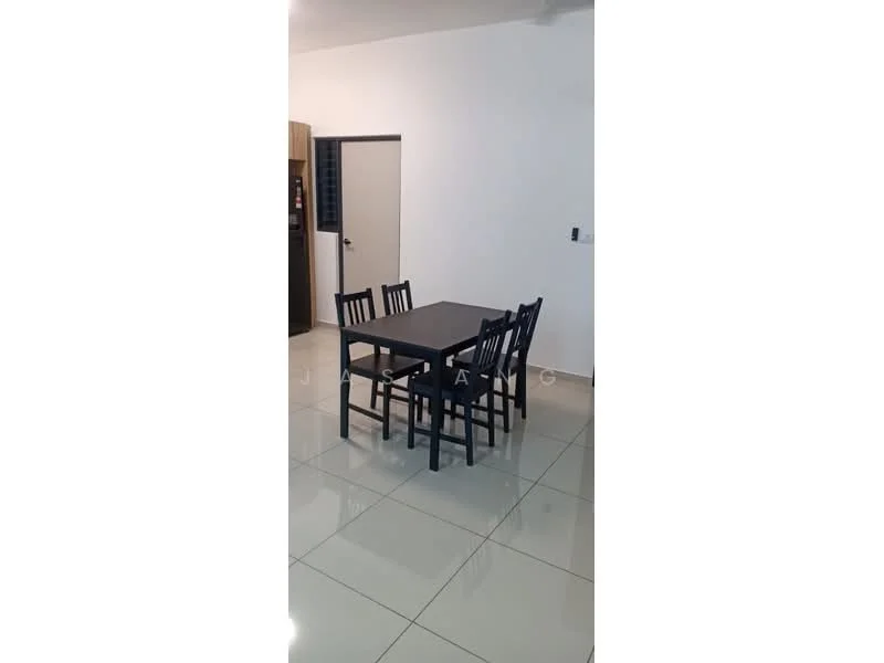 Dining features: 6-seater dining table, black wooden dining chairs, glossy ceramic tile flooring, white painted walls, ceiling fan, door leading to another room, refrigerator visible in background; style: modern.