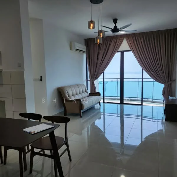 Living features: 3-seater fabric sofa in beige, floor-to-ceiling windows with sea view, light grey curtains, white painted walls, polished ceramic tile flooring, 5-blade ceiling fan with light, wall-mounted split AC, decorative pendant lights, coffee table, TV console; style: modern; view: sea.