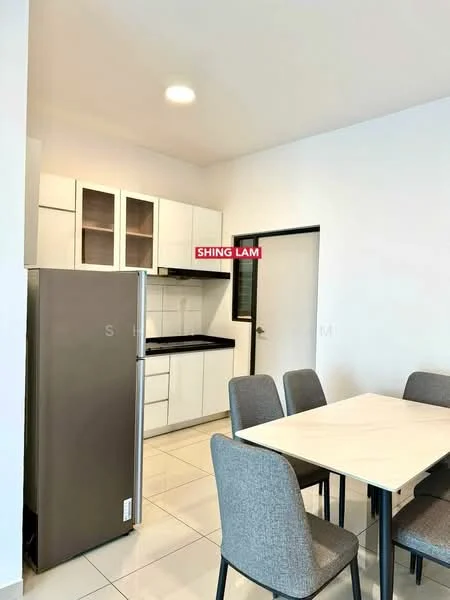 Kitchen features: white shaker cabinets, black countertop, stainless-steel fridge, built-in oven, ceramic tile flooring, recessed downlights, dining table with four grey upholstered chairs, open shelving, wall-mounted cabinet, door leading to hallway; style: modern.