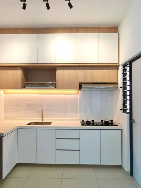 Kitchen features: white cabinetry with flat-panel doors, wooden upper cabinets, quartz countertop, single-bowl stainless-steel sink, chrome pull-down faucet, built-in gas hob with 2 burners, stainless-steel range hood, white tiled backsplash, under-cabinet LED lighting, grey ceramic tile flooring; style: modern.