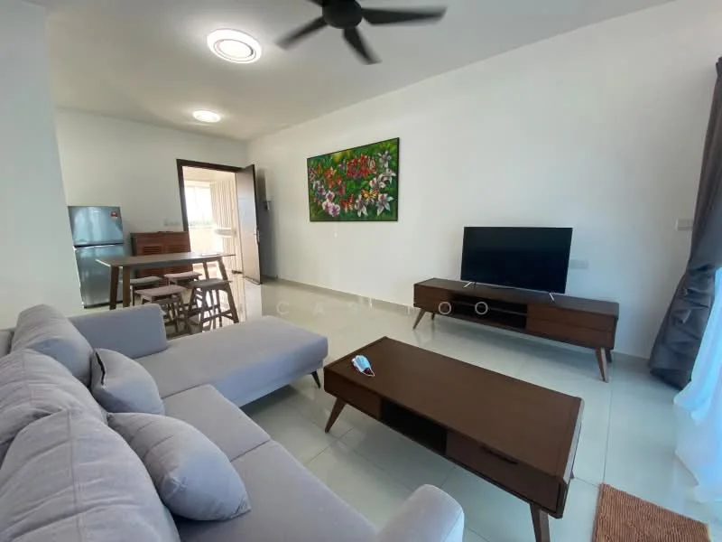 Living features: 3-seater fabric sofa in grey, wooden coffee table, TV console, wall-mounted TV, ceiling fan, decorative artwork on wall, dining table with chairs, sliding glass door, tile flooring, white painted walls, curtains, refrigerator visible in background; style: modern.
