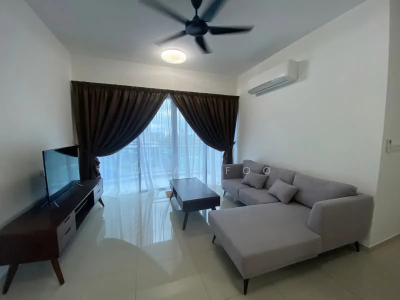 Living features: 3-seater fabric sofa in light grey, coffee table, wall-mounted TV, TV console, floor-to-ceiling windows, sheer curtains, dark brown curtains, ceiling fan, recessed ceiling light, glossy tile flooring, air conditioning unit; style: modern.