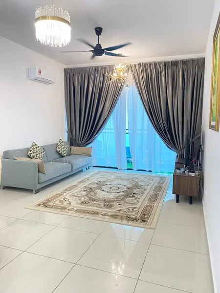 Living features: 3-seater fabric sofa in light grey, two decorative cushions with geometric pattern, area rug with intricate design, floor-to-ceiling windows with sheer curtains, curtains in grey fabric, chandelier with crystals, ceiling fan with light, wall-mounted air conditioning unit, wooden side table, framed artwork on wall, glossy white tiled flooring; style: modern.