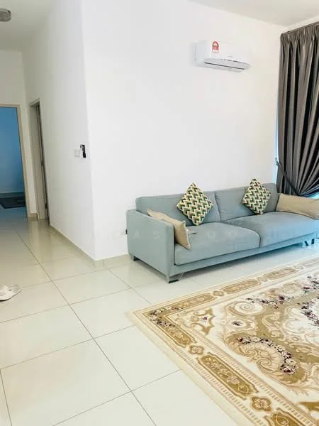 Living features: light grey fabric sofa, two decorative cushions with geometric pattern, cream area rug with intricate design, white painted walls, glossy tile flooring, wall-mounted split AC, floor-to-ceiling curtains in dark grey, doorway leading to another room; style: modern.
