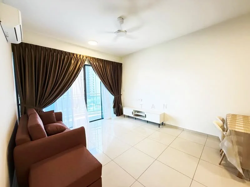 Living features: 3-seater fabric sofa in brown, coffee table, TV console, floor-to-ceiling windows, sliding glass door, sheer curtains, blackout curtains, ceiling fan, recessed downlights, glossy ceramic tile flooring, white painted walls; style: modern; view: city.