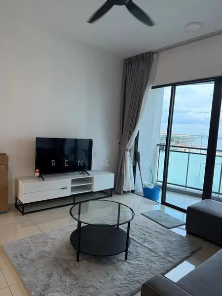 Living features: grey fabric sofa, glass coffee table, TV console in white with storage, wall-mounted flat-screen TV, 5-blade ceiling fan, large sliding glass door, floor-to-ceiling windows, sheer curtains, light-coloured area rug, ceramic tile flooring; style: modern; view: city.