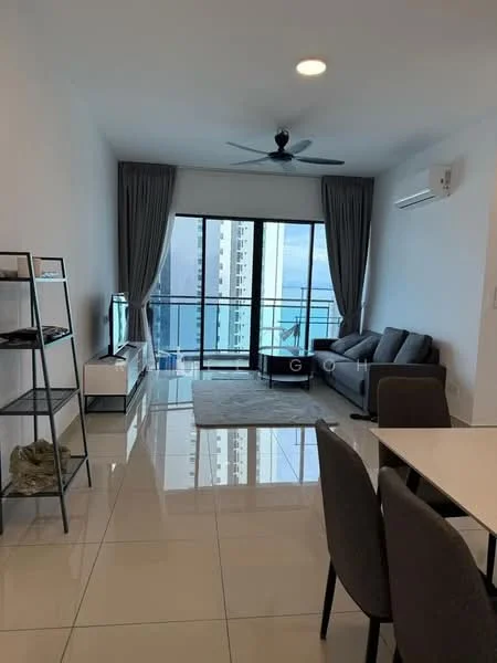 Living features: grey fabric sofa, coffee table, TV console, wall-mounted TV, floor-to-ceiling windows, curtains, 5-blade ceiling fan with light, polished tile flooring, decorative rug, open shelving unit, air conditioning unit; style: modern; view: city.