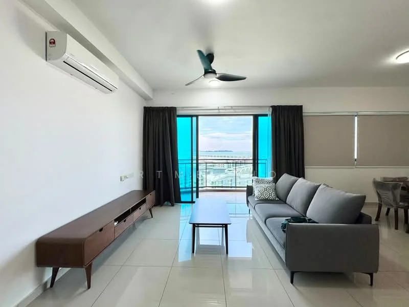 Living features: 3-seater fabric sofa in grey, wooden coffee table, wall-mounted TV console, floor-to-ceiling windows, sliding glass door, curtains, 5-blade ceiling fan with light, wall-mounted split AC, tile flooring, decorative wall art; style: modern; view: sea.