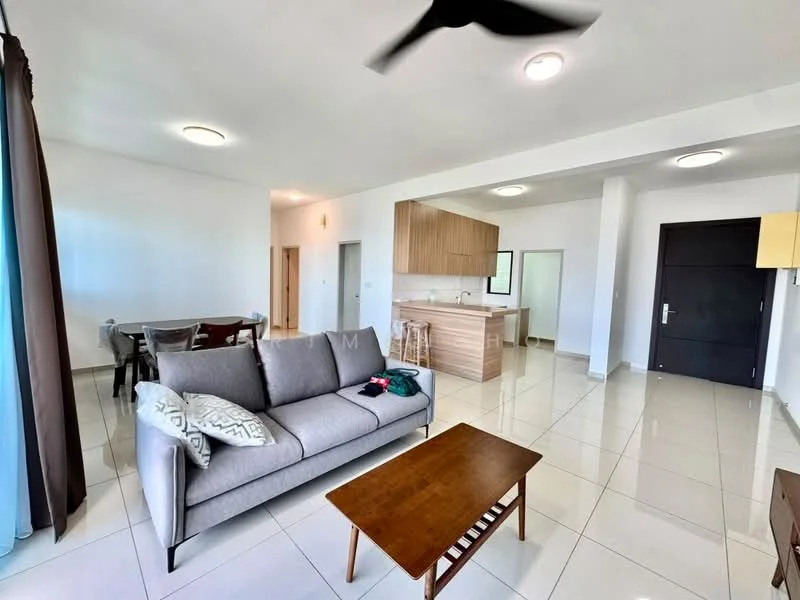 Living features: grey fabric sofa, wooden coffee table, dining table with chairs, recessed ceiling lights, ceiling fan, large windows with sheer curtains, white painted walls, glossy tile flooring; style: modern. Kitchen features: wood cabinetry, kitchen island, countertop, open layout to living area; style: modern.