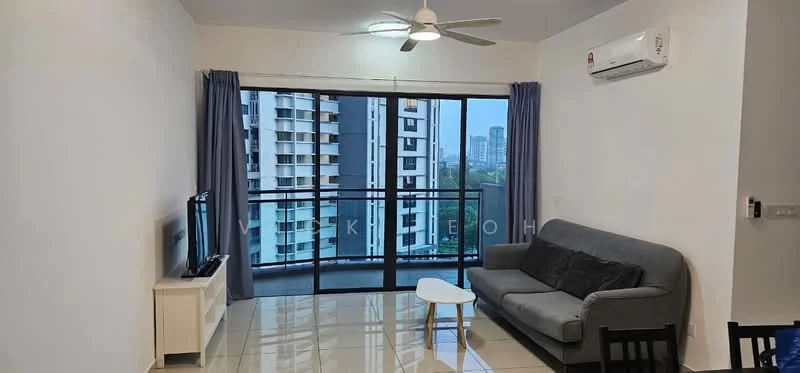 Living features: grey fabric sofa, white coffee table, wall-mounted TV, TV console, floor-to-ceiling sliding glass door, curtains in grey, 5-blade ceiling fan with light, wall-mounted split AC, glossy tile flooring, white painted walls; style: modern; view: city.