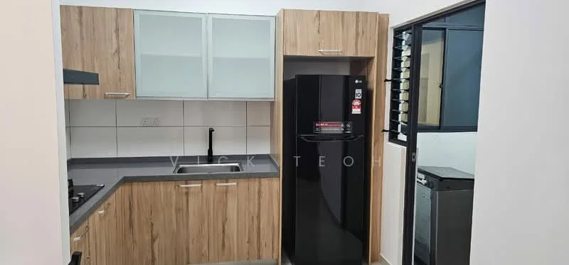 Kitchen features: black refrigerator, stainless-steel sink, chrome pull-down faucet, grey countertop, wood cabinetry with wood grain finish, built-in gas hob, white tiled backsplash, wall-mounted cabinets with glass doors, floor-to-ceiling window, grey tile flooring; style: modern.