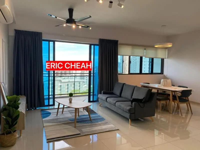 Living features: 3-seater fabric sofa in grey, coffee table, area rug with geometric pattern, floor-to-ceiling windows, blackout curtains, ceiling fan with light, wall-mounted TV, dining table with chairs, decorative plant in ceramic pot, light-colored walls, tile flooring; style: modern; view: city.