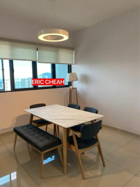 Dining features: white marble dining table, 4 dining chairs with blue upholstery, wooden bench seating, pendant light fixture, large windows with roller blinds, cream painted walls, glossy ceramic tile flooring; style: modern; view: city.