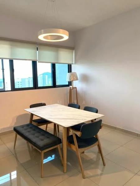 Dining features: marble-top dining table, 4 dining chairs with blue upholstery, wooden bench seating, pendant light fixture, floor-to-ceiling windows, roller blinds, light-colored painted walls, glossy tile flooring; style: modern; view: city.