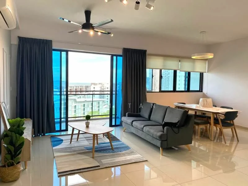 Living features: 3-seater fabric sofa in grey, coffee table, area rug with geometric pattern, floor-to-ceiling windows, sliding glass door, curtains, ceiling fan with light, wall-mounted air conditioning unit, dining table with chairs, decorative plant in ceramic pot; style: modern; view: city.