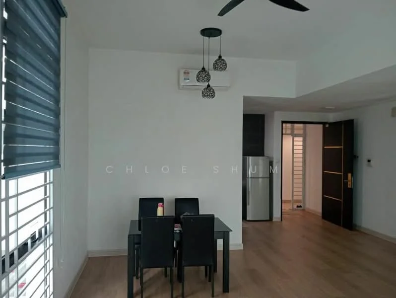 Dining features: 4-seater dining table, black dining chairs, wooden flooring, white painted walls, ceiling fan, wall-mounted split AC, floor-to-ceiling windows with blinds, refrigerator; style: modern. Room features: white painted walls, wooden flooring.