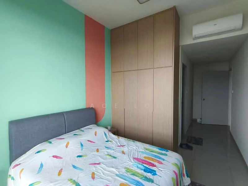 Bedroom features: queen-size bed with colorful bedding, grey upholstered headboard, built-in wardrobe with wooden finish, painted walls in green and coral, tile flooring, wall-mounted air conditioning unit, door leading to hallway, window with natural light; style: modern.