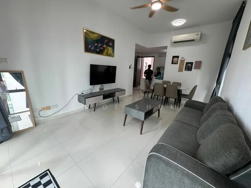 Living features: grey fabric L-shape sectional sofa, black coffee table, wall-mounted TV, TV console, area rug with geometric pattern, white painted walls, recessed downlights, 5-blade ceiling fan, floor-to-ceiling windows, curtains, decorative artwork on walls; style: modern; view: city.