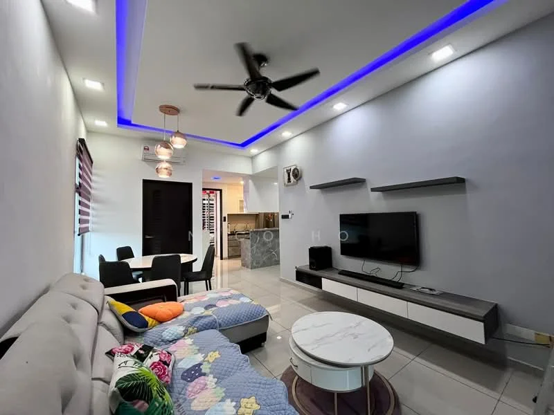 Living features: grey fabric sofa, coffee table with marble top, wall-mounted TV, floating TV console, 5-blade ceiling fan with light, recessed LED downlights, blue LED accent lighting, white painted walls, glossy tile flooring, decorative wall shelves, window with roller blinds; style: modern. Kitchen features: kitchen island, stainless-steel sink, built-in oven, freestanding range oven, grey cabinetry, marble countertop, backlit kitchen shelves; style: modern.