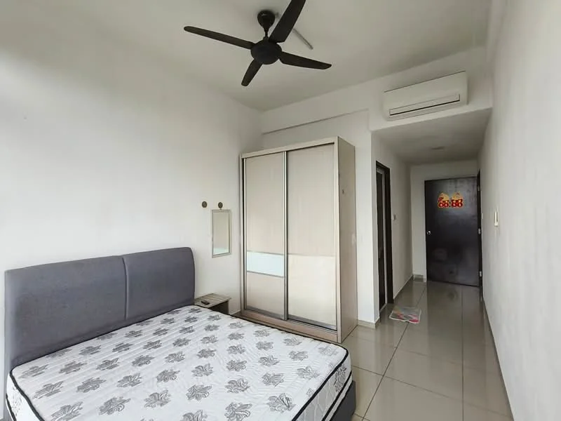 Bedroom features: queen-size bed, upholstered headboard, built-in wardrobe with sliding doors, mirror on wardrobe, wall-mounted mirror, 1 wall-mounted split AC, ceiling fan, grey tiled flooring, white painted walls, doorway leading to hallway; style: modern.