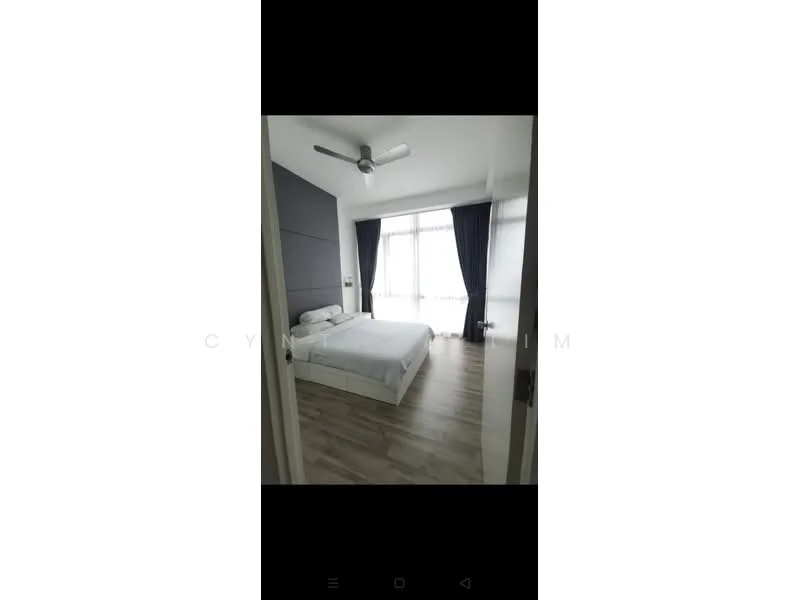 Bedroom features: king-size bed, white bedding, floor-to-ceiling windows, blackout curtains, light wood flooring, 5-blade ceiling fan, grey accent wall, nightstand, decorative wall art; style: modern; view: city.