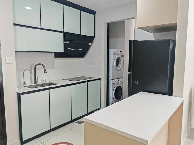 Kitchen features: white and black cabinetry, stainless-steel sink, chrome pull-down faucet, built-in oven, stainless-steel range hood, black refrigerator, white countertop, ceramic tile flooring, washing machine, dryer, wall-mounted cabinets, open shelving; style: modern.