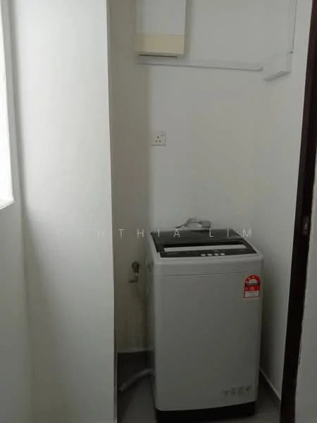 Laundry features: top-load washing machine in white, grey tiled flooring, white painted walls, wall-mounted utility shelf, plumbing connection visible.
