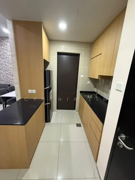 Kitchen features: wood cabinetry, black countertop, stainless-steel fridge, built-in oven, ceramic tile flooring, white tiled backsplash, recessed downlights, single-bowl stainless-steel sink, chrome pull-down faucet, open shelving, wall-mounted door, neutral wall colour; style: modern.