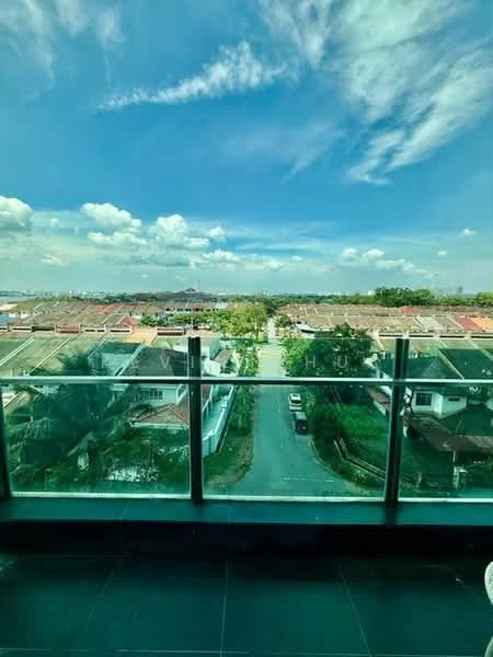 Room features: glass balcony railing, black tiled flooring, city view, clear blue sky, clouds, surrounding residential area; view: city.