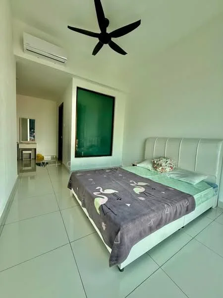Bedroom features: king-size bed, upholstered headboard, bedding with floral pattern, white bed frame, 2 bedside lamps, ceiling fan, wall-mounted split AC, large green window, white painted walls, glossy tile flooring, dressing table, mirror; style: modern.