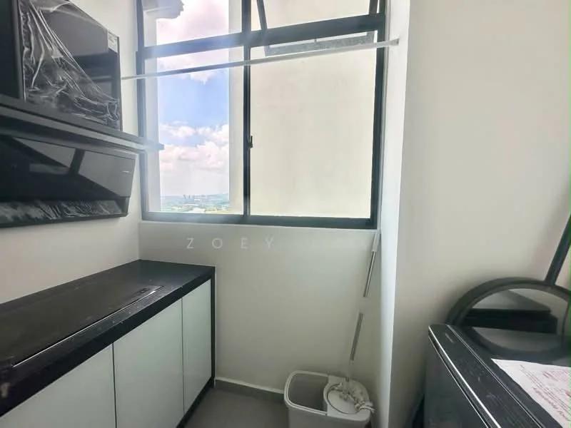Kitchen features: black countertop, white cabinetry, built-in oven, stainless-steel sink, window with city view, grey tile flooring, open shelving, kitchen appliances, hanging rod for storage; style: modern; view: city.