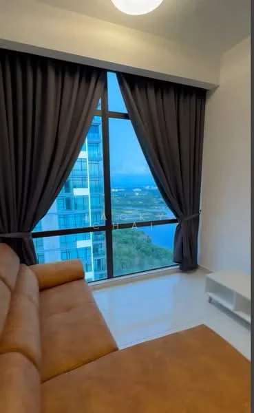 Living features: large floor-to-ceiling windows, brown leather sofa, white wall, grey curtains, light-colored flooring, minimalist TV console, decorative area rug, city view; style: modern; view: city.