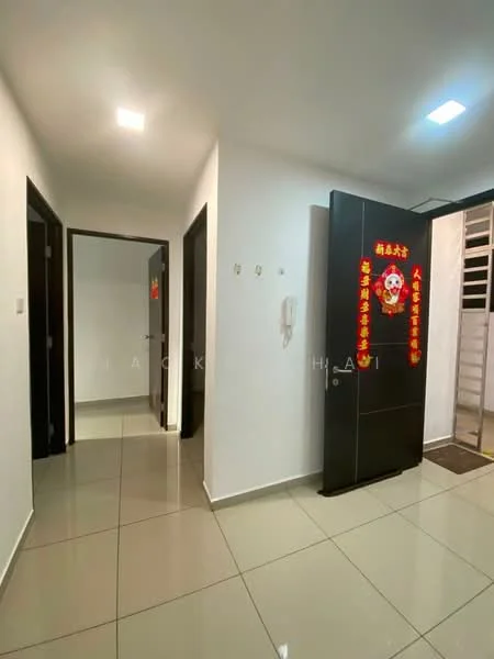 Room features: white painted walls, glossy ceramic tile flooring, recessed LED downlights, black wooden doors, decorative wall hangings, intercom panel, glass door with metal frame, open layout; style: modern.