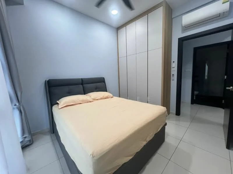Bedroom features: queen-size bed with grey upholstered headboard, light beige bed linens, built-in wardrobe with sliding doors, white painted walls, recessed ceiling lights, ceiling fan, floor-to-ceiling window with sheer curtains, white tiled flooring, air conditioning unit, black door; style: modern.
