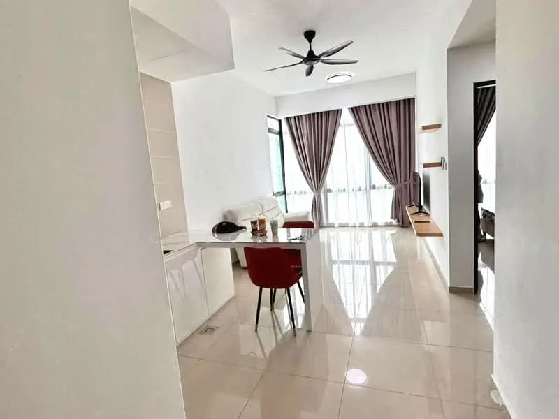 Living features: white painted walls, glossy tile flooring, 5-blade ceiling fan with light, floor-to-ceiling windows, sheer curtains, dark wood TV console, wall-mounted TV, dining table with 4 red chairs, sofa, decorative wall shelf; style: modern.