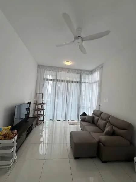 Living features: 3-seater fabric sofa in beige, coffee table, wall-mounted TV, TV console, floor-to-ceiling windows, sheer curtains, white painted walls, glossy tile flooring, ceiling fan with light, recessed downlights; style: modern.