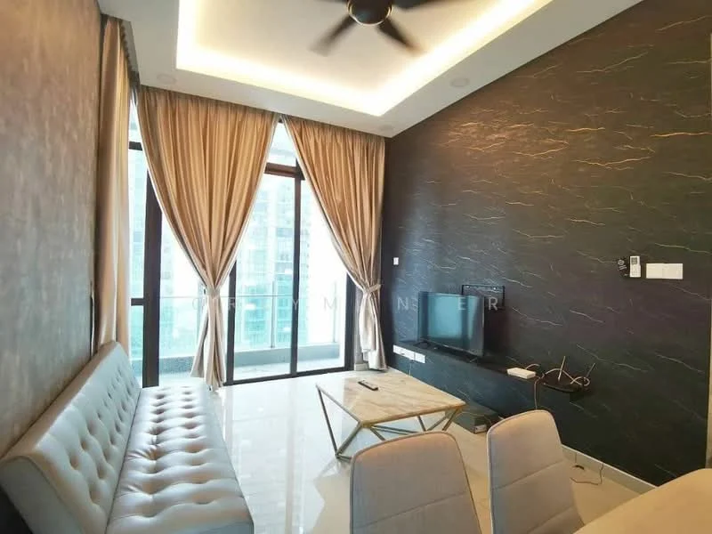 Living features: 3-seater fabric sofa in light grey, coffee table, wall-mounted TV, floor-to-ceiling windows, sheer curtains, recessed downlights, tray ceiling, white tiled flooring, dark accent wall with textured finish, decorative wall paneling; style: modern; view: city.