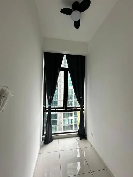 Room features: white painted walls, glossy tile flooring, floor-to-ceiling window, blackout curtains, ceiling fan with light; style: modern; view: city.