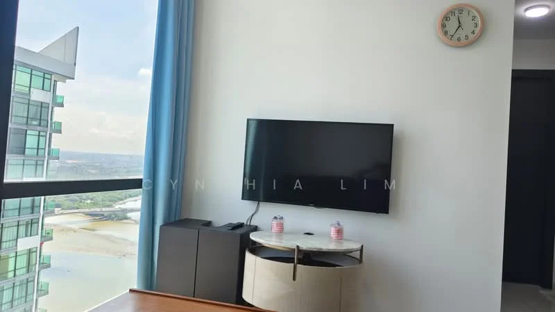 Living features: floor-to-ceiling windows, wall-mounted TV, light wood side table, dark wood cabinet, blue curtains, clock on wall, view of city skyline, neutral painted walls; style: modern; view: city.