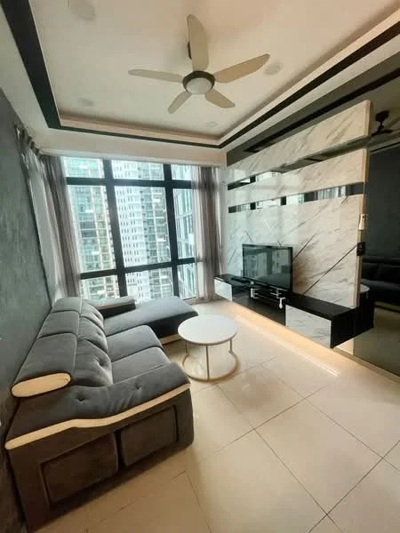 Living features: 3-seater fabric sofa in grey, round coffee table with white top and gold base, wall-mounted TV, TV console with black finish, floor-to-ceiling windows, sheer curtains, ceiling fan with light, marble accent wall, light-colored tile flooring, decorative wall paneling, city view; style: modern; view: city.
