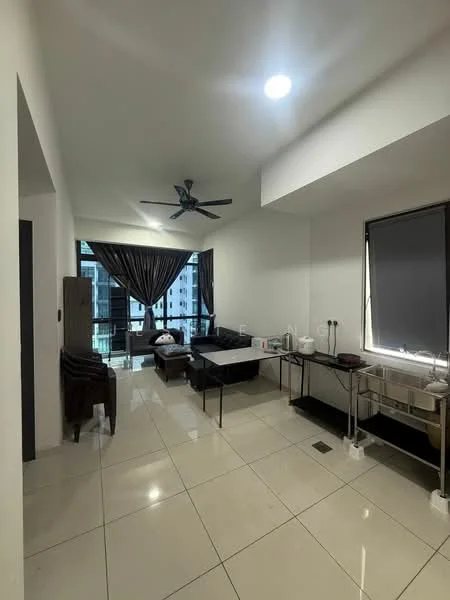 Living features: white painted walls, glossy tile flooring, 5-blade ceiling fan with light, floor-to-ceiling windows, blackout curtains, glass coffee table, metal console table, upholstered armchair, decorative items on table, open balcony view; style: modern; view: city.