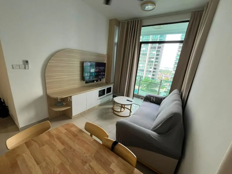 Living features: grey fabric sofa, wooden coffee table, wall-mounted TV, TV console with storage, floor-to-ceiling windows, curtains, light-colored walls, tile flooring, ceiling light fixture, dining table with wooden surface; style: modern; view: city.
