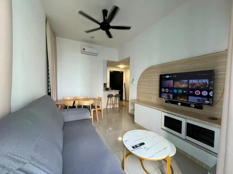 Living features: 3-seater fabric sofa in grey, coffee table with round top, wall-mounted TV, TV console with storage, recessed downlights, floor-to-ceiling windows, light-colored walls, ceramic tile flooring, ceiling fan, air conditioning unit; style: modern. Dining features: 4-seater dining table, wooden dining chairs; style: modern.