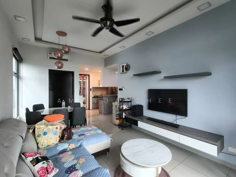Living features: 3-seater fabric sofa in grey, decorative throw pillows, coffee table with round top, wall-mounted TV, TV console with storage, ceiling fan with 5 blades, recessed downlights, light grey painted walls, white tiled flooring, area rug with circular pattern, open shelving unit, decorative wall art; style: modern. Dining features: 4-seater dining table, upholstered dining chairs, glass vase with decorative items, open kitchen view, kitchen island in background; style: modern.