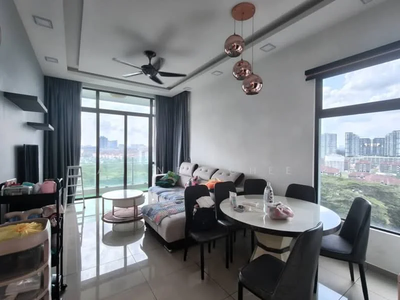 Living features: floor-to-ceiling windows, 3-blade ceiling fan, sofa with cushions, round coffee table, 6-seater dining table, black dining chairs, decorative pendant lights, tile flooring, curtains, wall-mounted shelf, decorative items on table; style: modern; view: city.