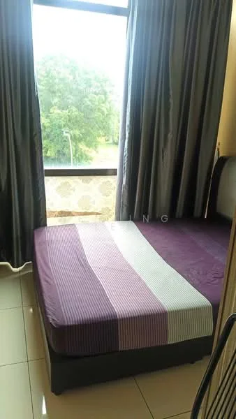 Bedroom features: queen-size bed with purple and grey striped bedding, floor-to-ceiling window, curtains in dark grey, tile flooring, decorative wallpaper, wooden bed frame, natural light from window, view of greenery outside; view: garden.