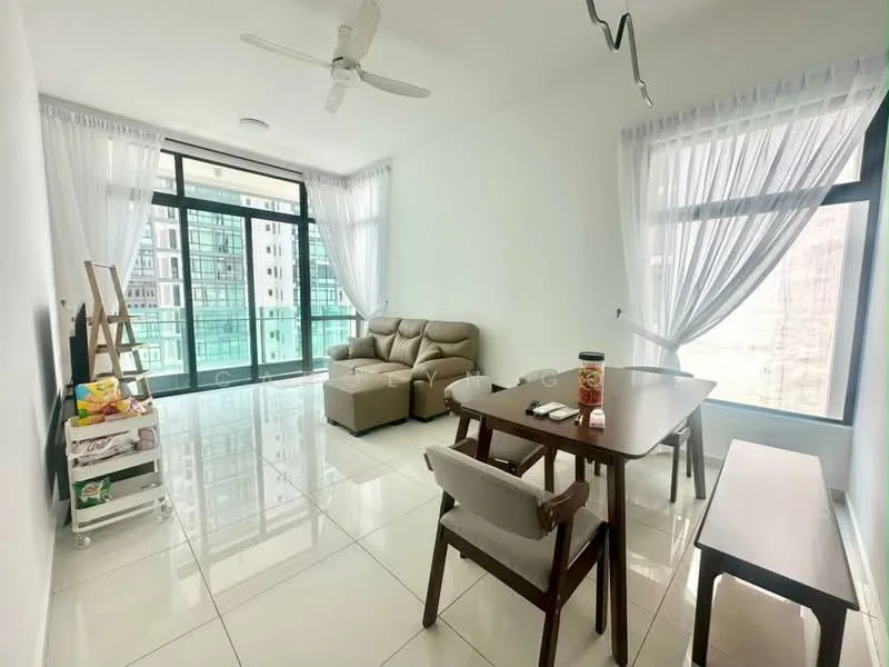 Living features: cream leather sofa, glass coffee table, wood dining table, 2 upholstered dining chairs, white painted walls, white ceiling, floor-to-ceiling windows, sheer curtains, tile flooring, ceiling fan, decorative wall light; style: modern; view: city.