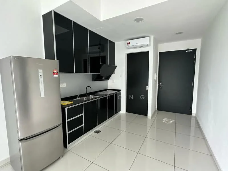 Kitchen features: black cabinetry, stainless-steel fridge, built-in oven, ceramic cooktop, black countertop, single-bowl stainless-steel sink, chrome pull-down faucet, white tiled backsplash, white walls, grey floor tiles, wall-mounted air conditioning unit, recessed lighting; style: modern. Room features: white walls, grey floor tiles, door to hallway.