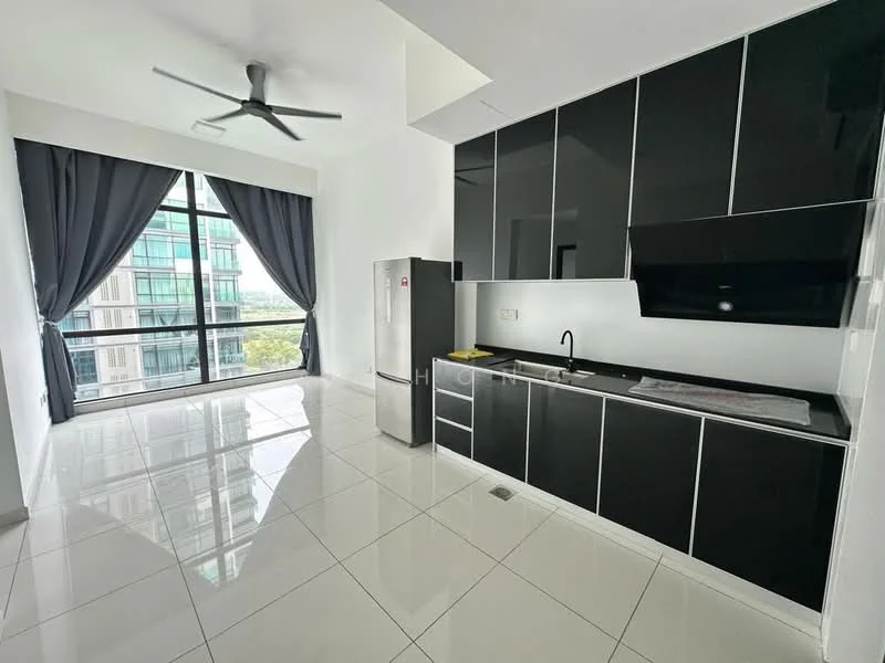 Kitchen features: black cabinetry, white countertops, stainless-steel fridge, single-bowl stainless-steel sink, chrome pull-down faucet, ceramic tile flooring, floor-to-ceiling windows, 5-blade ceiling fan with light, grey curtains, open layout; style: modern; view: city.