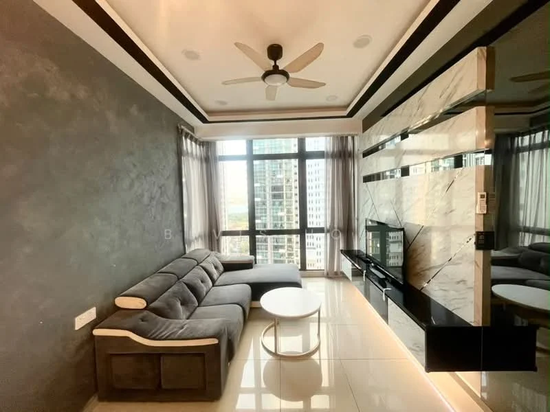 Living features: grey fabric L-shape sectional sofa, round white coffee table, wall-mounted TV, black TV console, marble feature wall, recessed ceiling lights, 5-blade ceiling fan, floor-to-ceiling windows, sheer curtains, white tiled flooring, crown moulding; style: modern; view: city.